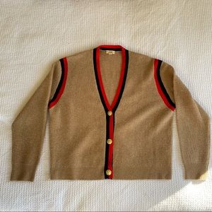 J. Crew Tan Cardigan with Red and Black Accents